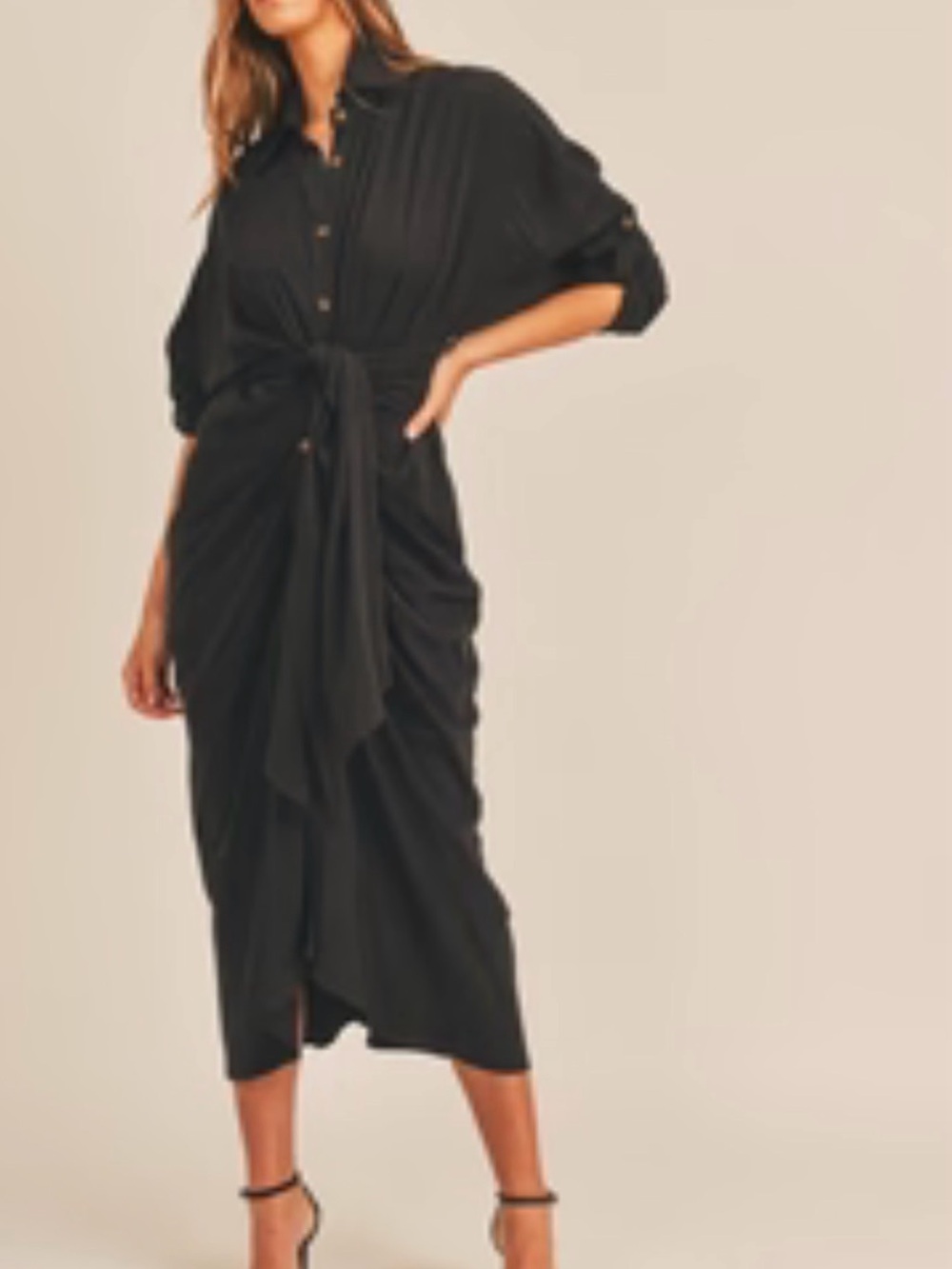Black Button-Front Tie-Waist Midi Dress